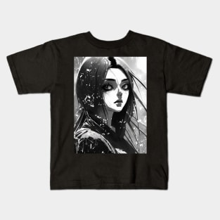 Ink and Emotion: Evocative Black and White Anime Girl Artwork Goth Gothic Fashion Dark Retro Vintage Kids T-Shirt